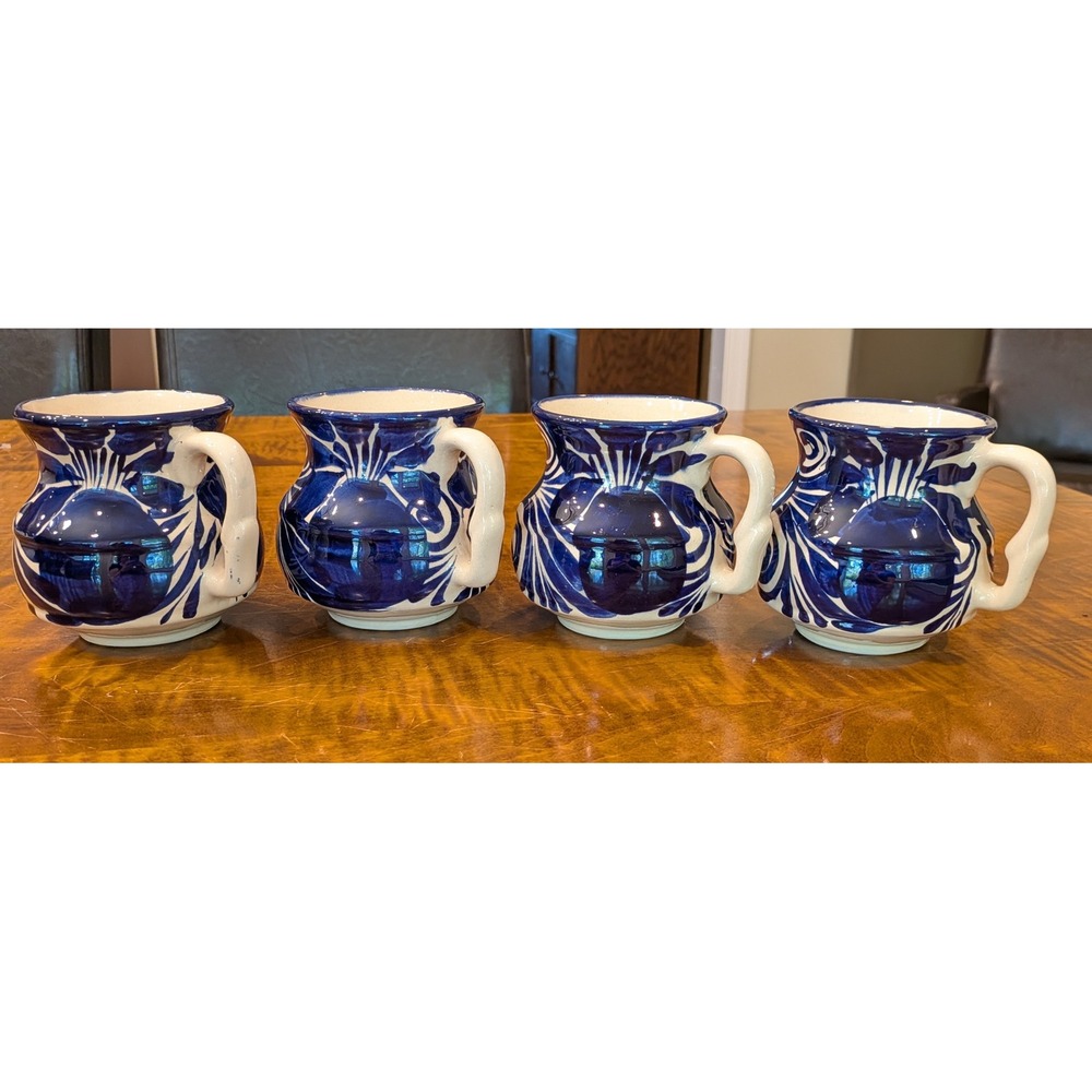 La Mexicana Talavera Taza Mexico Coffee Mug Set of 4 Brilliant Blue and White - Picture 1 of 9